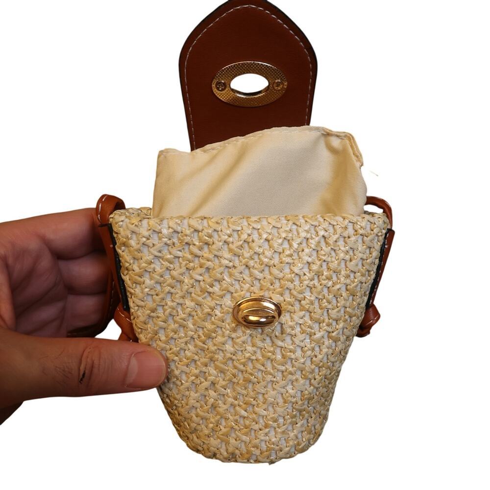 Raffia Woven Mini Crossbody Bag Turn Lock Brown Trim Straw Purse NWT - Picture 5 of 9